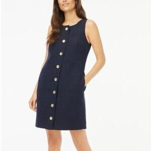 NWT J.Crew Factory Sleeveless Tweed Gold Button Shift Dress Navy Blue Size 0